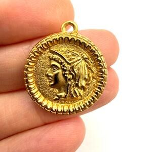 Signed CAM Greek or Roman Head Gold Tone Coin Charm Pendant
